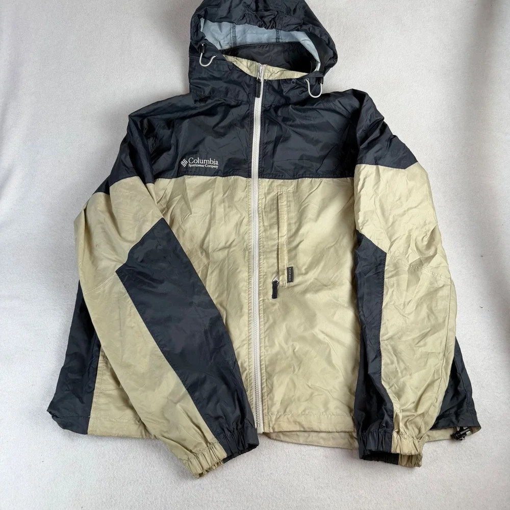 Columbia Mens Packable Windbreaker Jacket Hooded Tan Black Size L Large